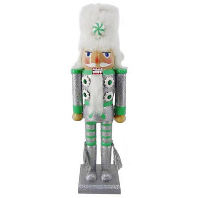Soldier Nutcracker Silver and Green with Fur Hat and Tassels 12 inch